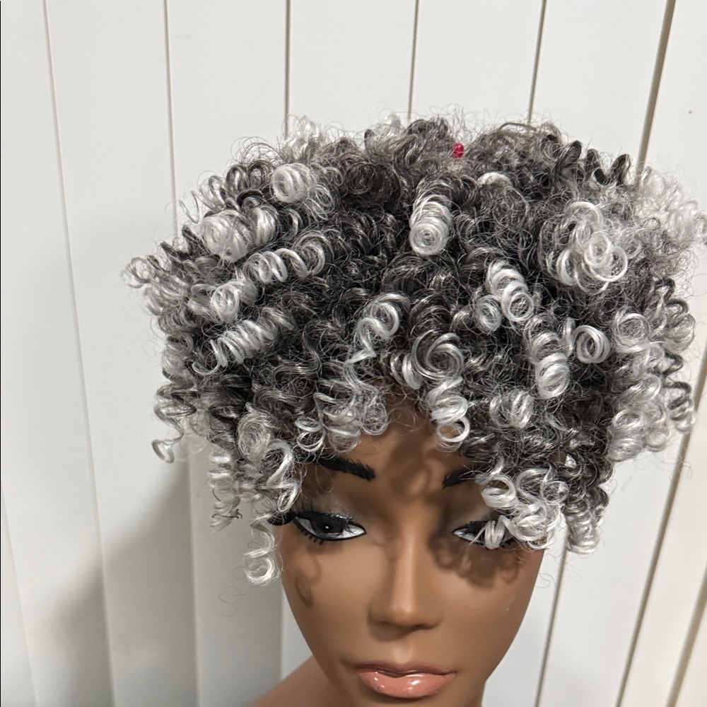 #106 Women’s Curly Short Wig in Black and Silver - Topper only